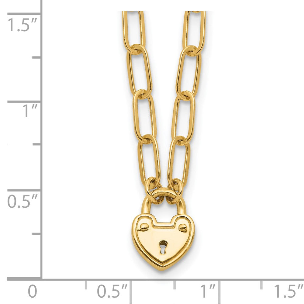 14K Polished Heart Lock Charm Paperclip Link Necklace