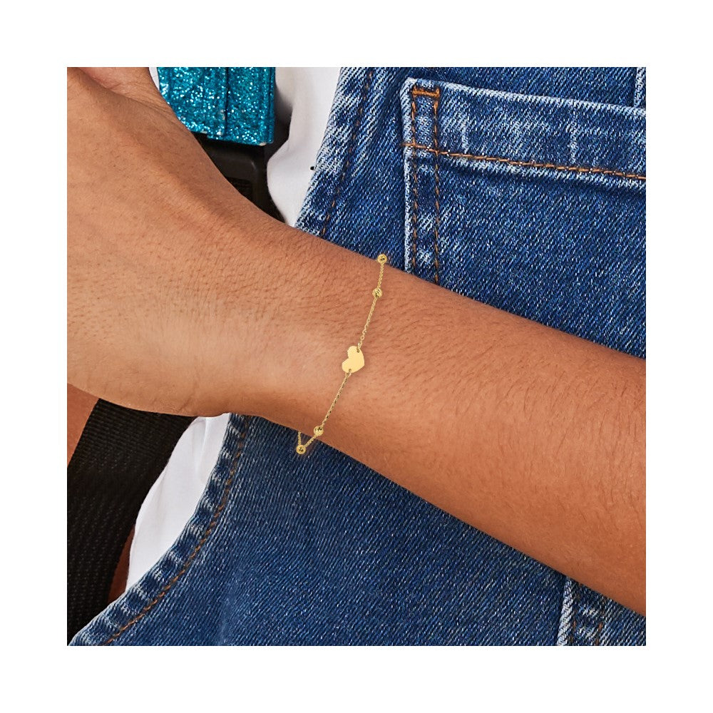 14K Polished and Diamond-cut Heart and Beads Plus 1in ext. Bracelet