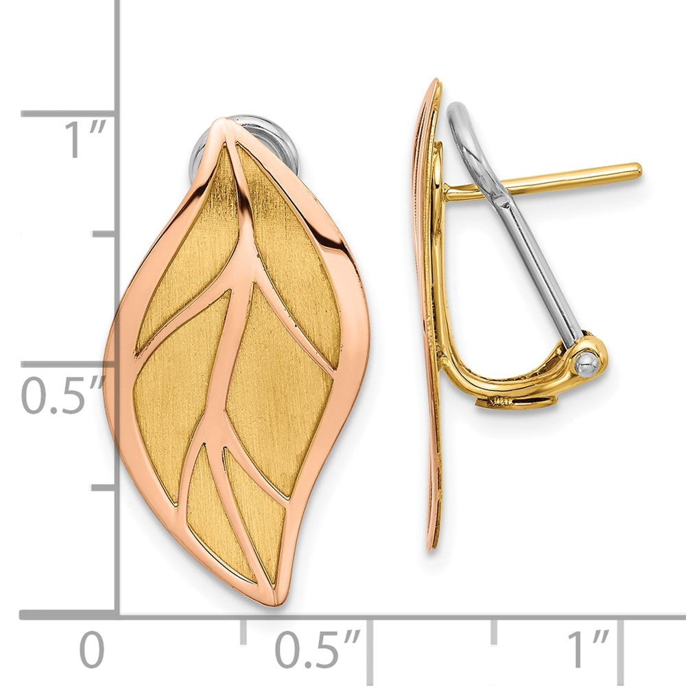 14K Two-tone Rose and Yellow Polished / Brushed Leaf Omega Back Earrings