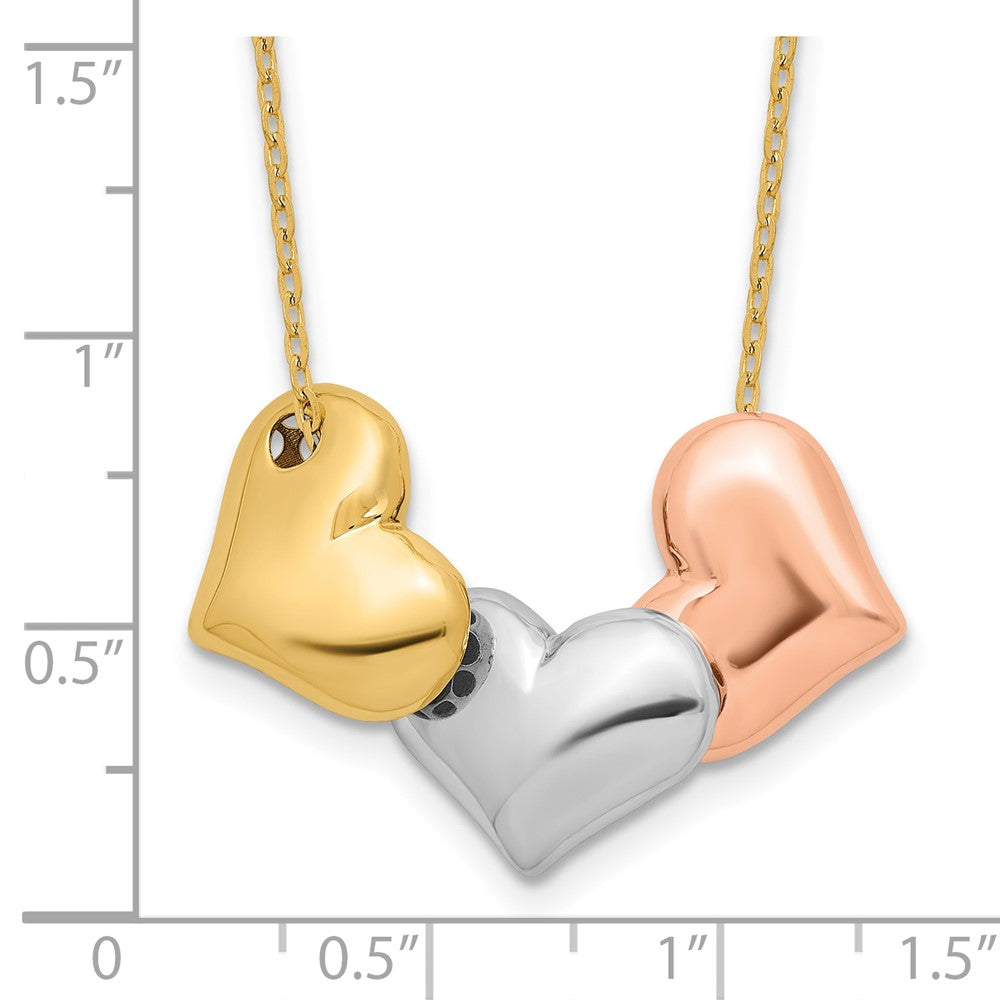 14K Tri-color Polished Hearts 17 in w/ 1in ext. Necklace