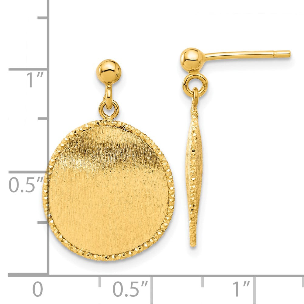 14K Gold Polished & Brushed Diamond Cut Round Dangle Post Earrings