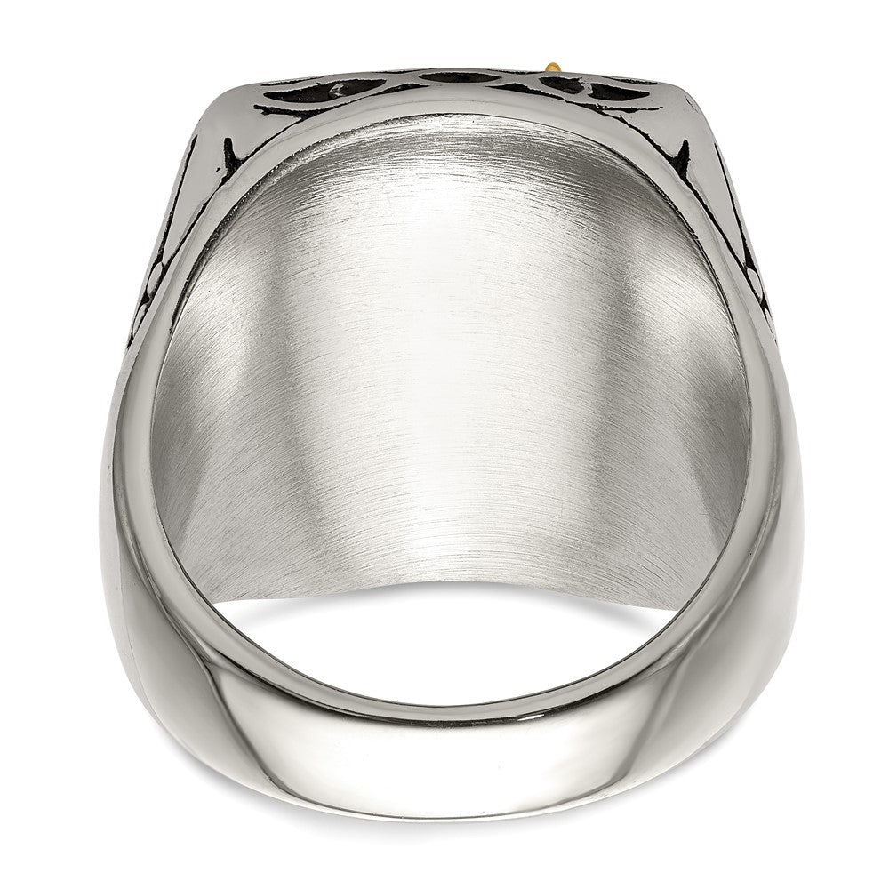 Chisel Stainless Steel with 14k Yellow Gold Accent Antiqued and Polished Eagle Ring