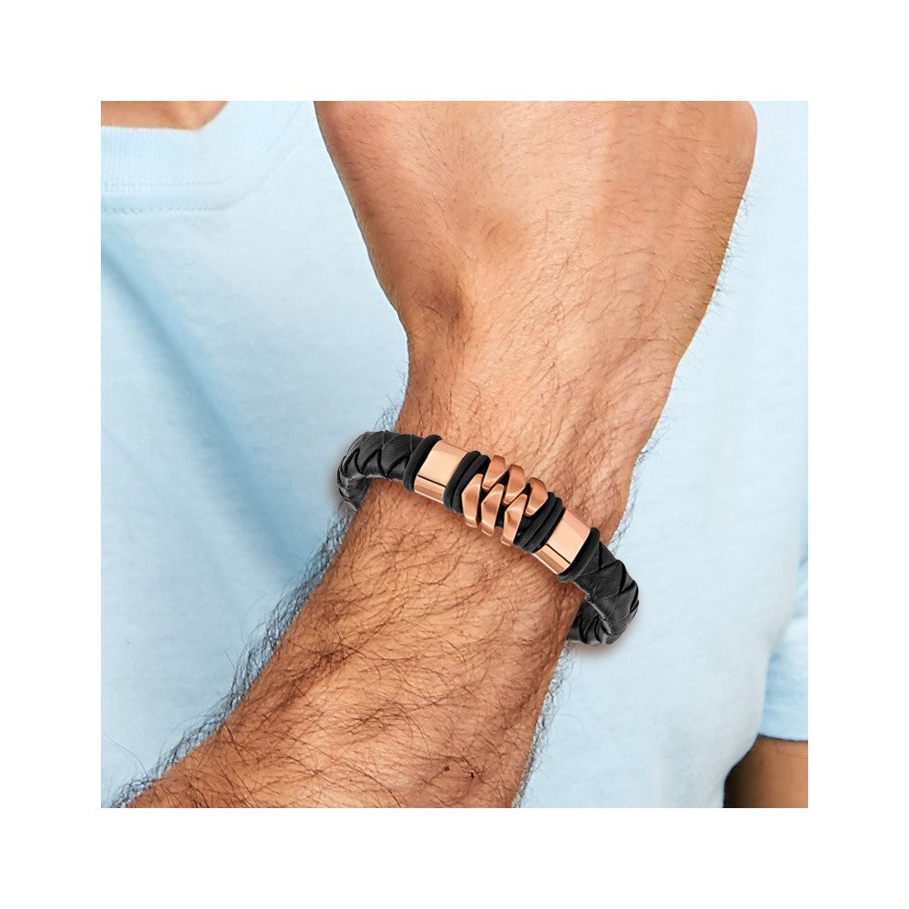 Chisel Stainless Steel Brushed and Polished Rose IP-plated Black Woven Leather 8 inch Bracelet