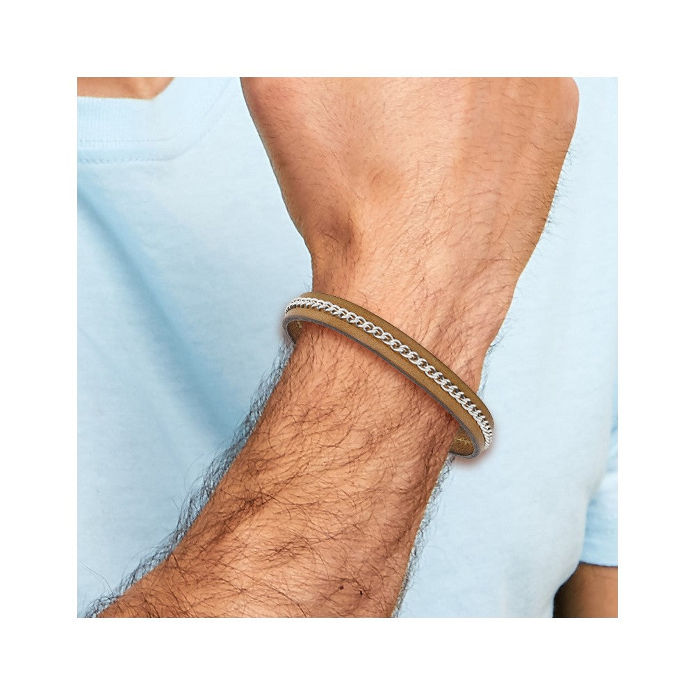 Chisel Stainless Steel Antiqued Brushed Brown Leather with Polished Chain 8.25 inch Bracelet