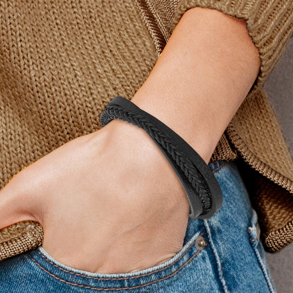 Chisel Stainless Steel Polished Multi Strand Black Leather 8.25 inch Bracelet