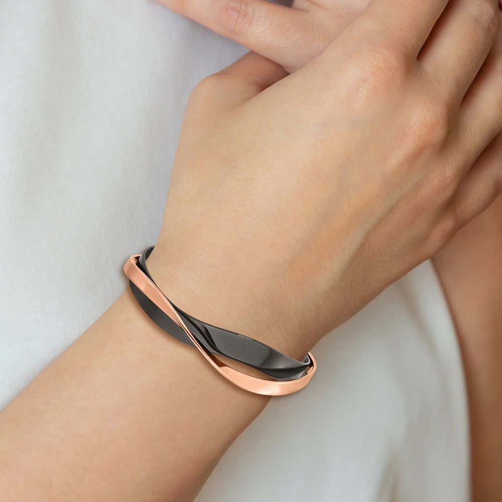 Chisel Stainless Steel Polished Black and Rose IP-plated Layered and Twisted Cuff Bangle