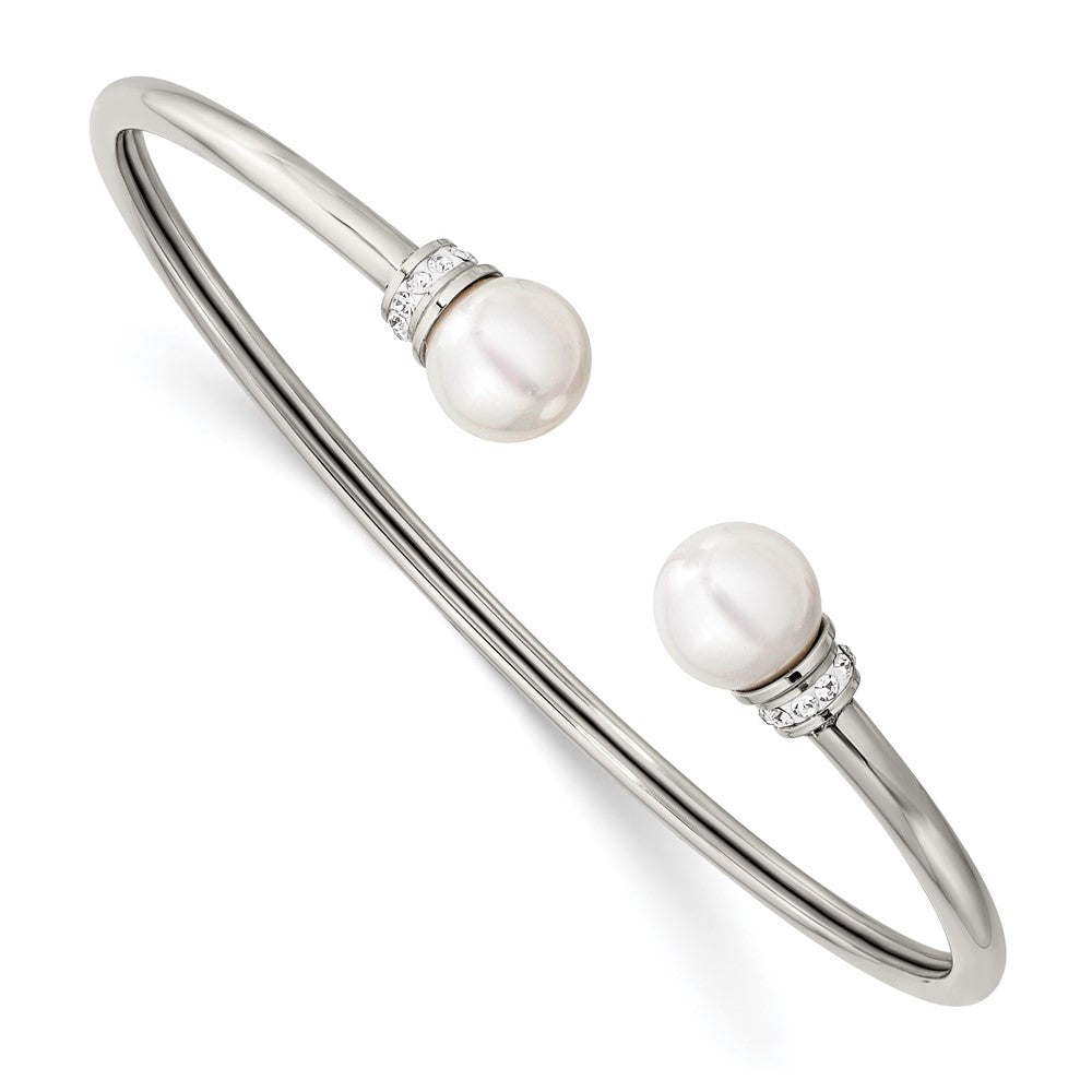 Chisel Stainless Steel Polished woth Preciosa Crystal and Imitation Shell Pearl Flexible Cuff Bangle