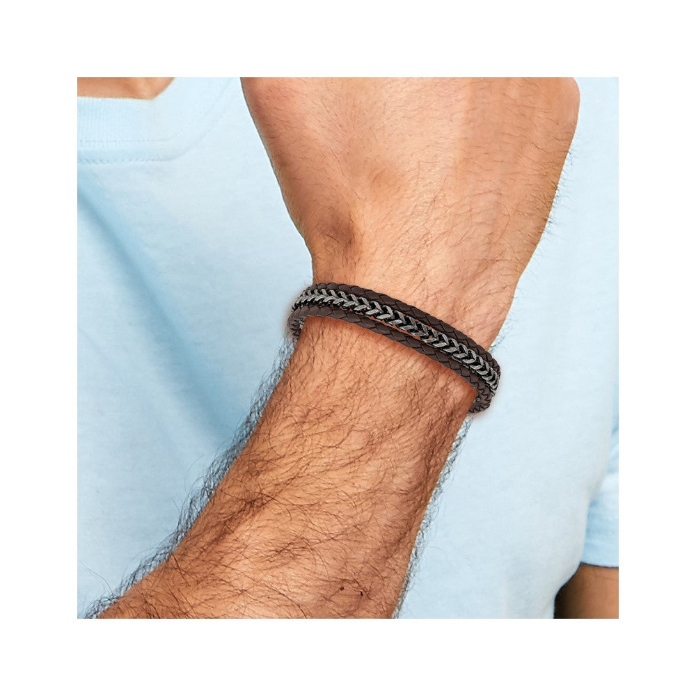 Chisel Stainless Steel Antiqued and Brushed Multi Strand Chain and Brown Leather 8.25 inch Bracelet with .5 inch Extension