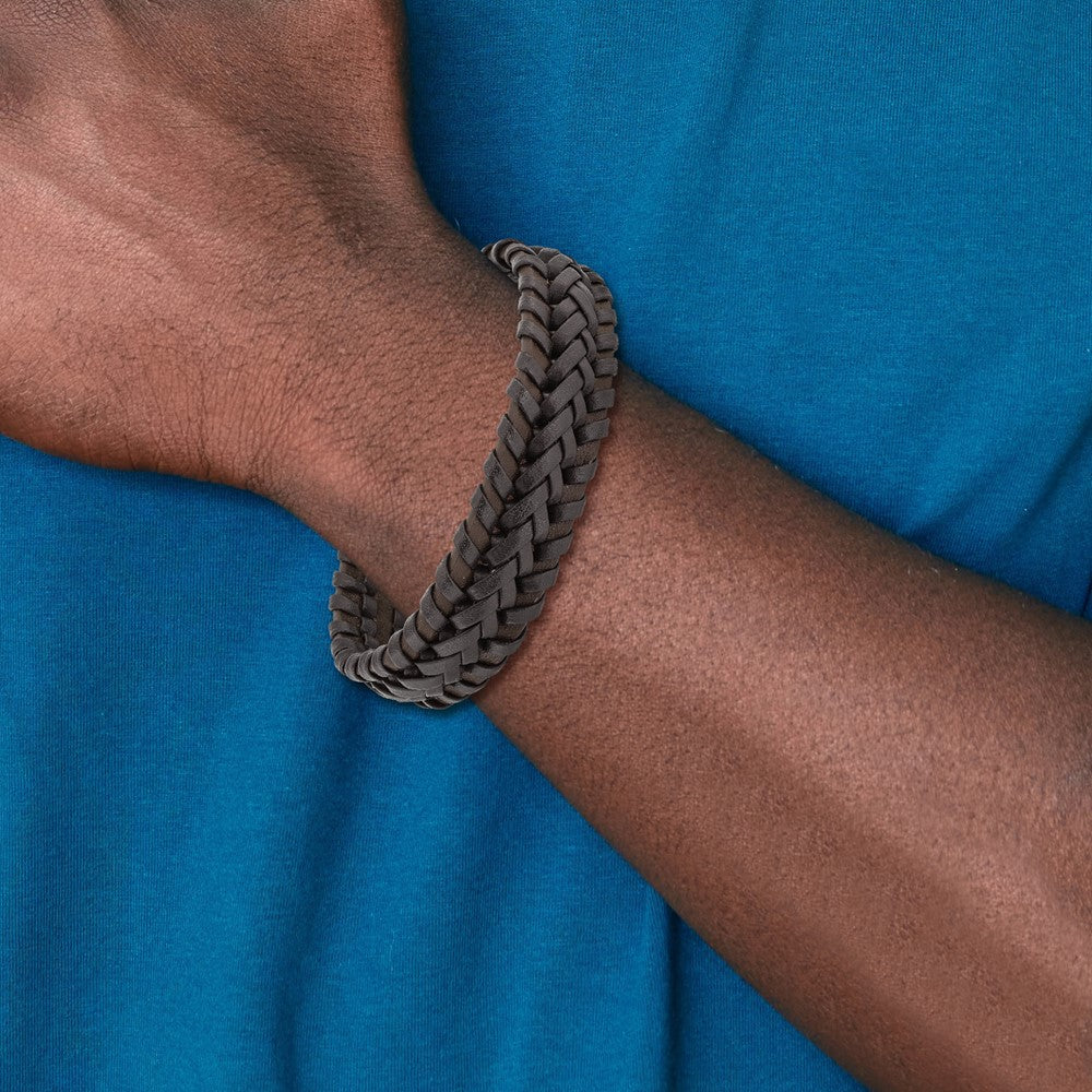 Chisel Stainless Steel Polished Brown Braided Leather 8.5 inch Bracelet