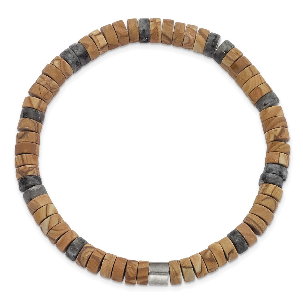 Chisel Stainless Steel Grain Stone and Black Spectrolite Beaded Stretch Bracelet