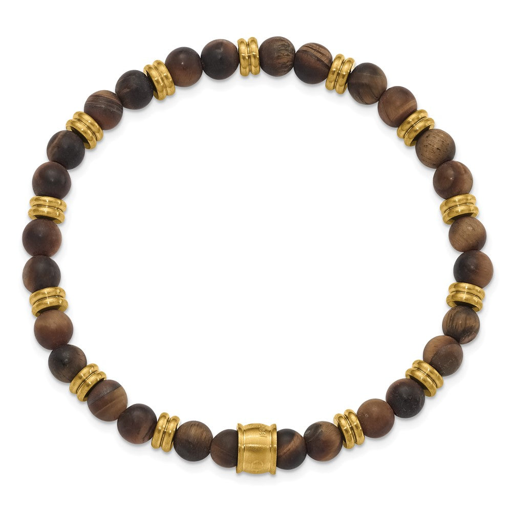 Chisel Stainless Steel Brushed Yellow IP-plated 6.5mm Tiger's Eye Beaded Stretch Bracelet