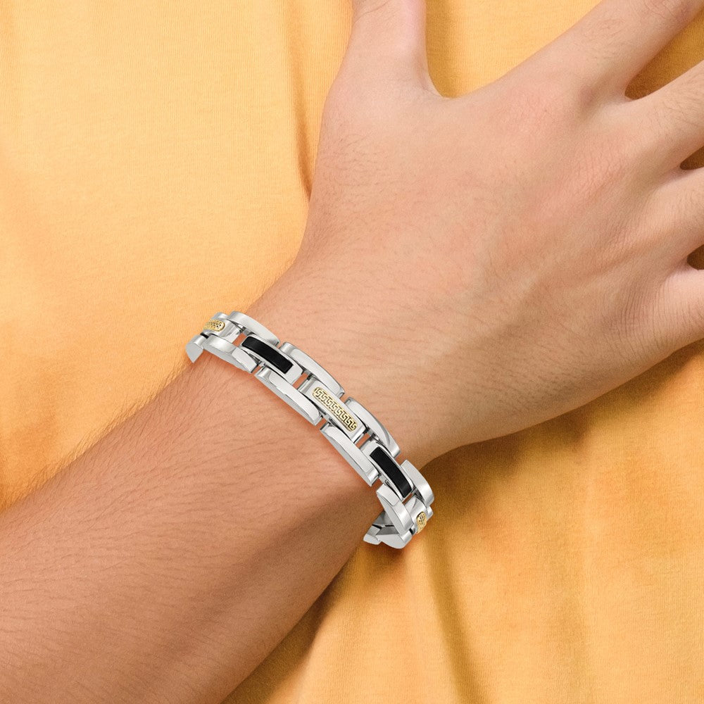Chisel Stainless Steel Polished with 14K Gold Accent and Onyx 8.25 inch Link Bracelet