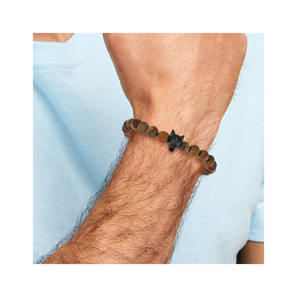 Chisel Stainless Steel Polished Black IP-plated Wolf Head 8.5mm Matte Yellow Tiger's Eye Beaded 7 inch Stretch Bracelet
