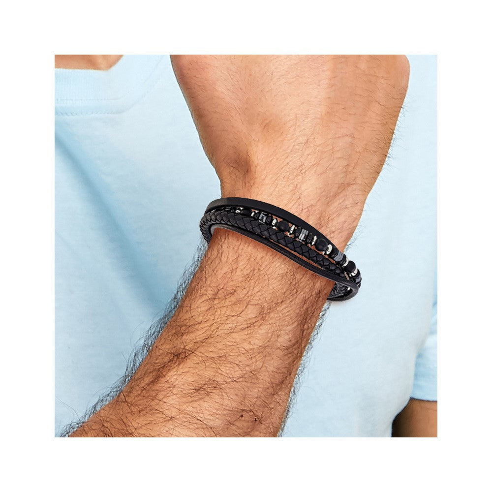 Chisel Stainless Steel Brushed and Polished Onyx and Hematite Beaded Black Leather Multi Strand 8 inch Plus .5 inch Extension Bracelet