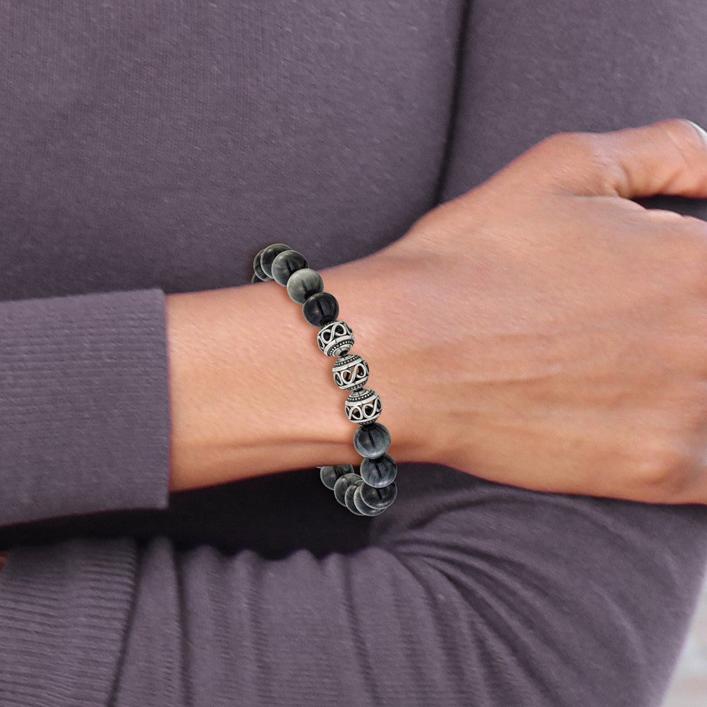 Chisel Stainless Steel Antiqued and Polished 11mm Grey Tiger Eye Beaded 7.75 inch Stretch Bracelet