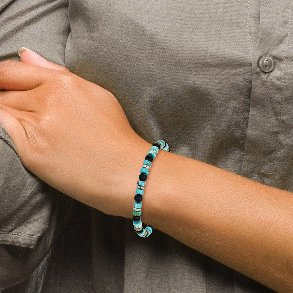 Chisel Stainless Steel Polished 6.30mm Marine-Green Emperor and Onyx Beaded 8 inch Stretch Bracelet