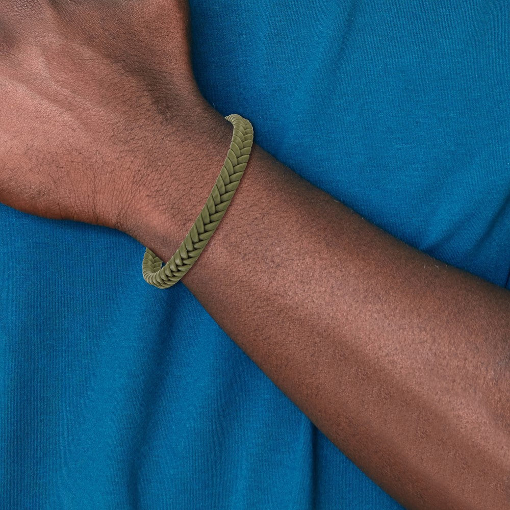 Chisel Stainless Steel Polished Braided Green Silicone 8 inch Bracelet