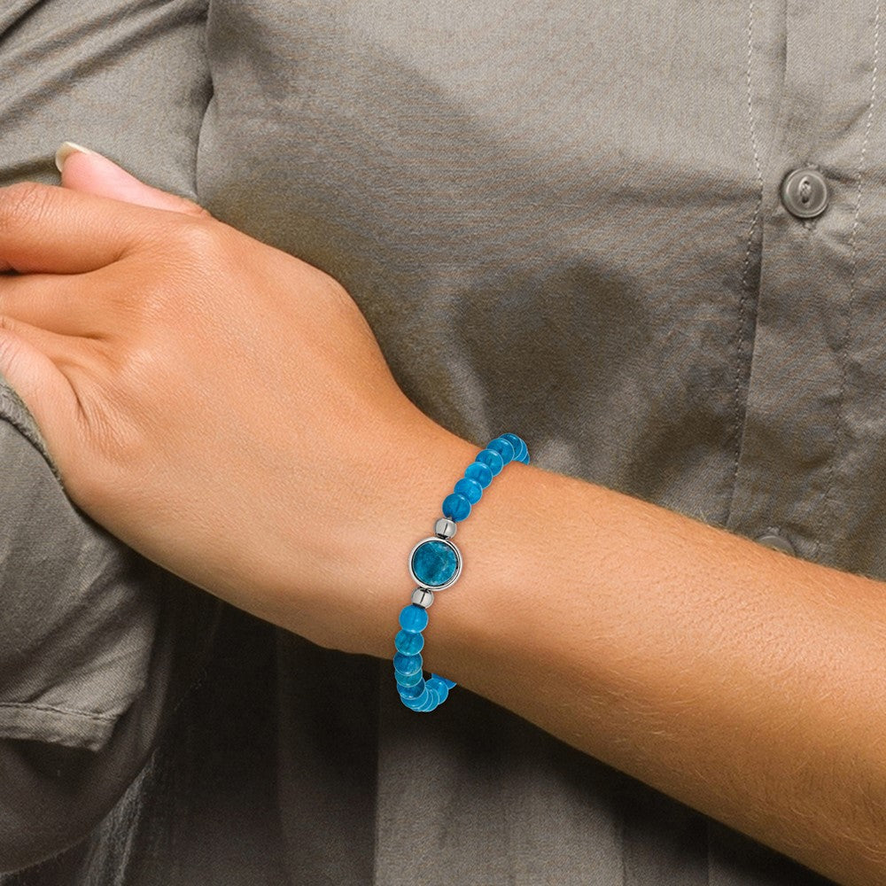 Chisel Stainless Steel Polished 6mm Blue Apatite Beaded 7 inch Stretch Bracelet