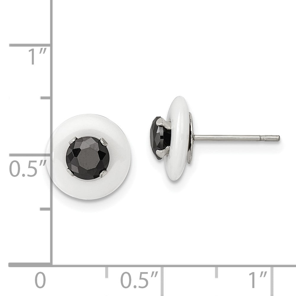 Chisel Stainless Steel Polished White Ceramic with Black CZ Post Earrings