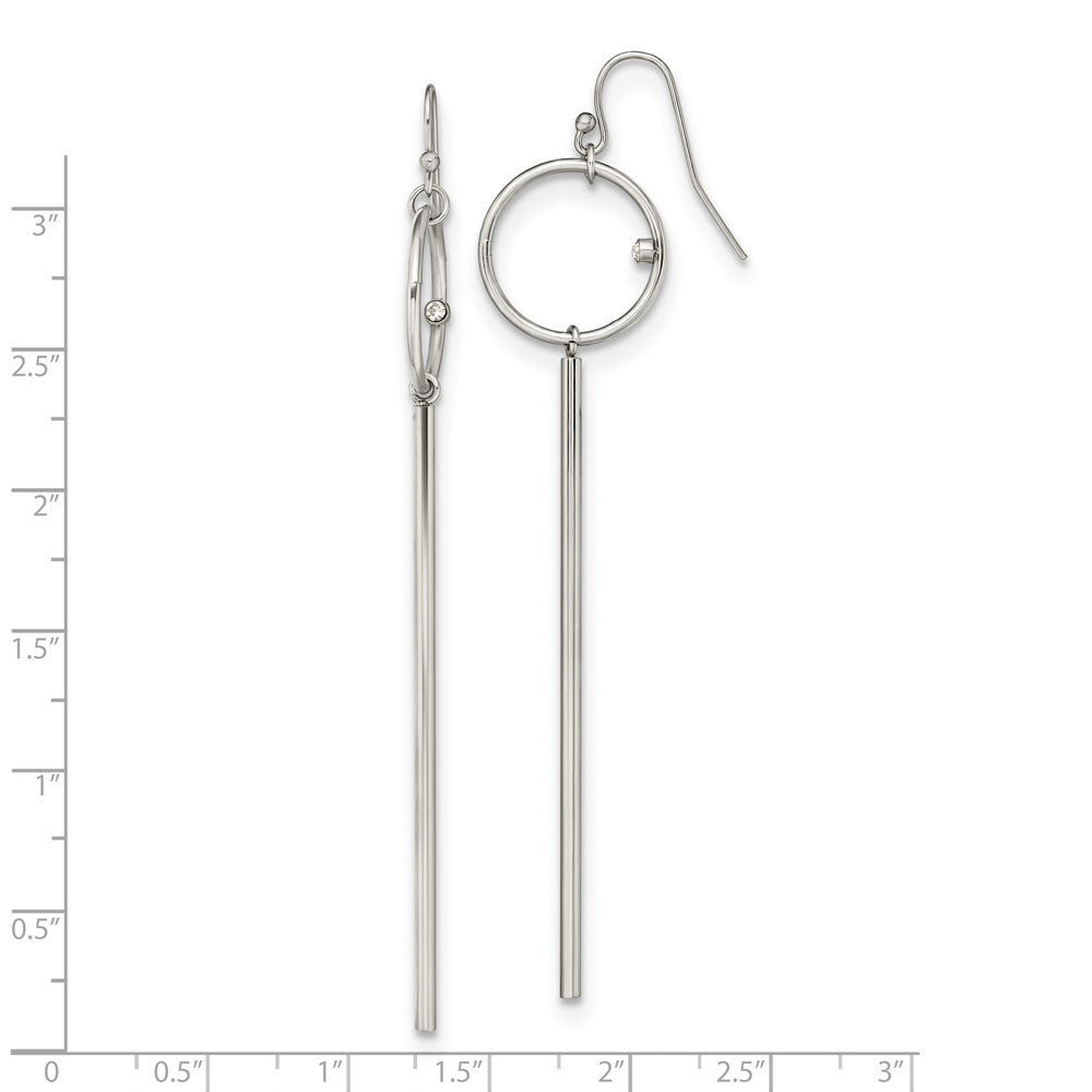 Chisel Stainless Steel Polished Circle with Crystal Accent Bar Dangle Shepherd Hook Shoulder Duster Earrings