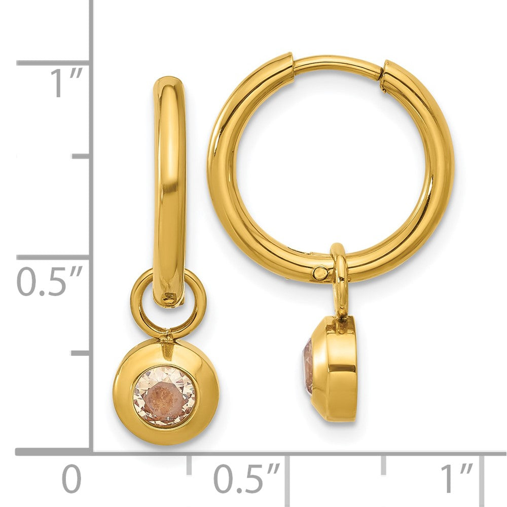 Chisel Stainless Steel Polished Yellow IP-plated with Removeable Champagne CZ Dangle Hinged Hoop Earrings