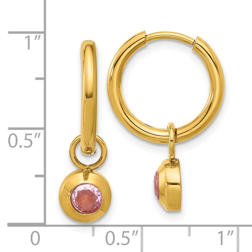 Chisel Stainless Steel Polished Yellow IP-plated with Removeable Pink CZ Dangle Hinged Hoop Earrings