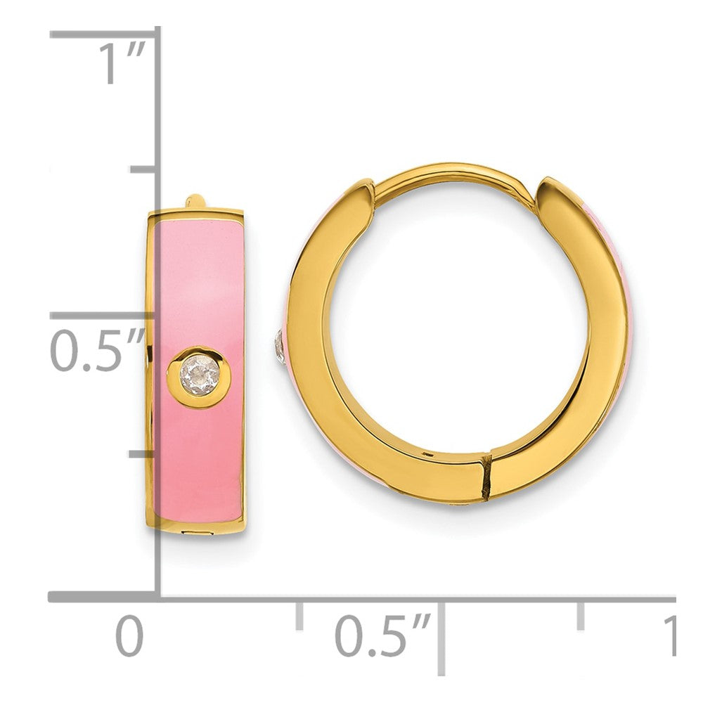 Chisel Stainless Steel Polished Yellow IP-plated with Pink Enamel and CZ 5mm Hinged Hoop Earrings