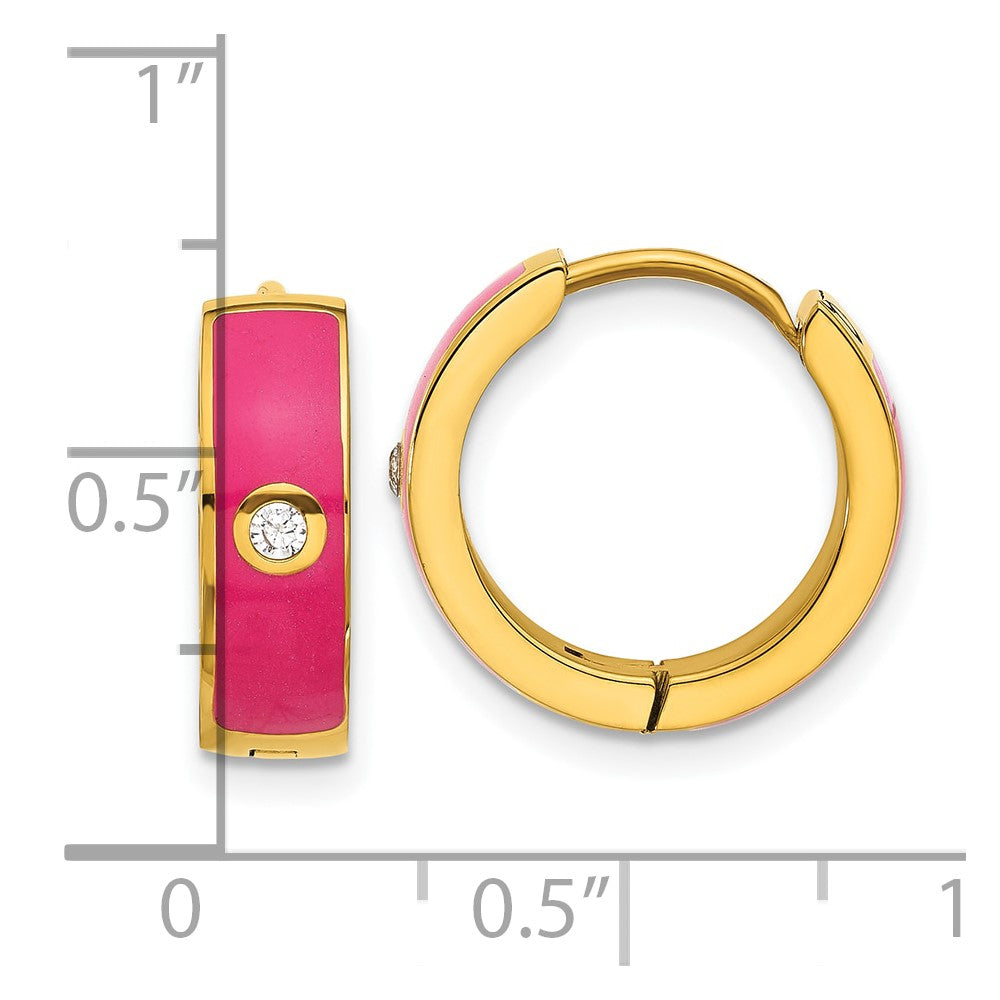 Chisel Stainless Steel Polished Yellow IP-plated with Dark Pink Enamel and CZ 5mm Hinged Hoop Earrings