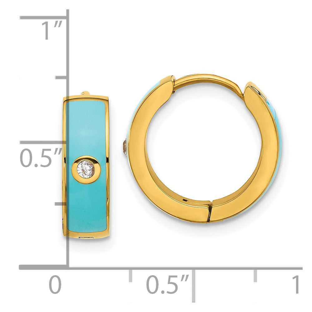 Chisel Stainless Steel Polished Yellow IP-plated with Blue Enamel and CZ 5mm Hinged Hoop Earrings