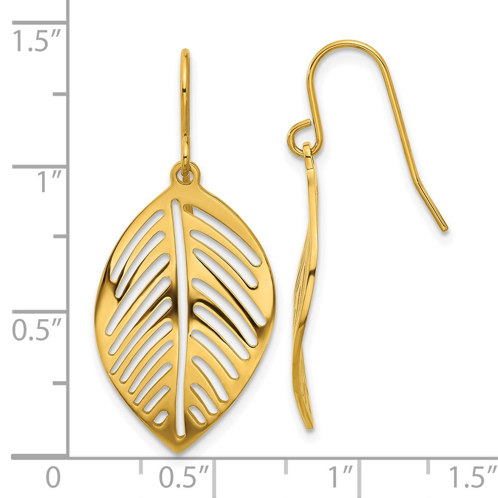 Chisel Stainless Steel Polished Yellow IP-plated Leaf Dangle Shepherd Hook Earrings