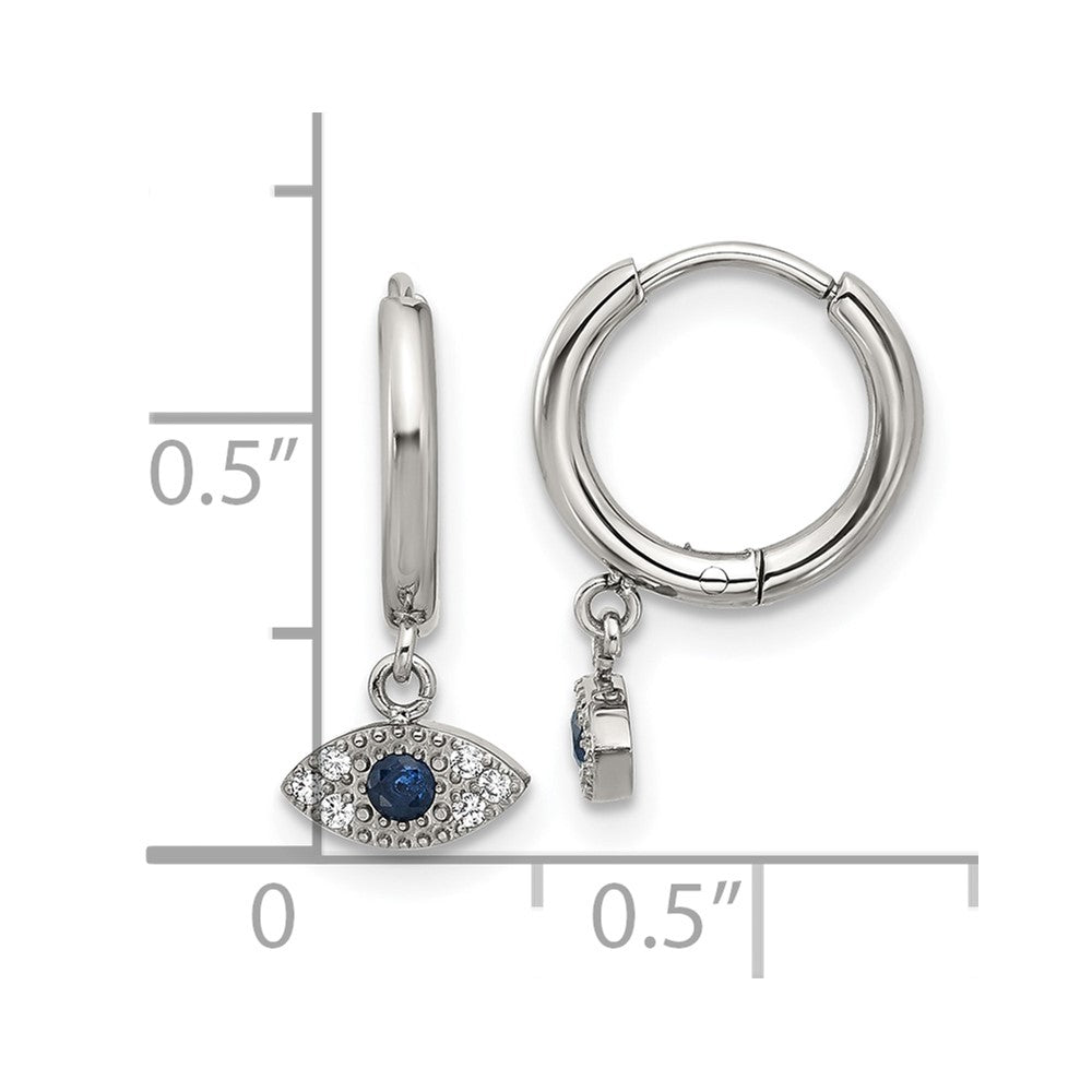 Chisel Stainless Steel Polished Blue and White Zircon Evil Eye Dangle Hinged Hoop Earrings