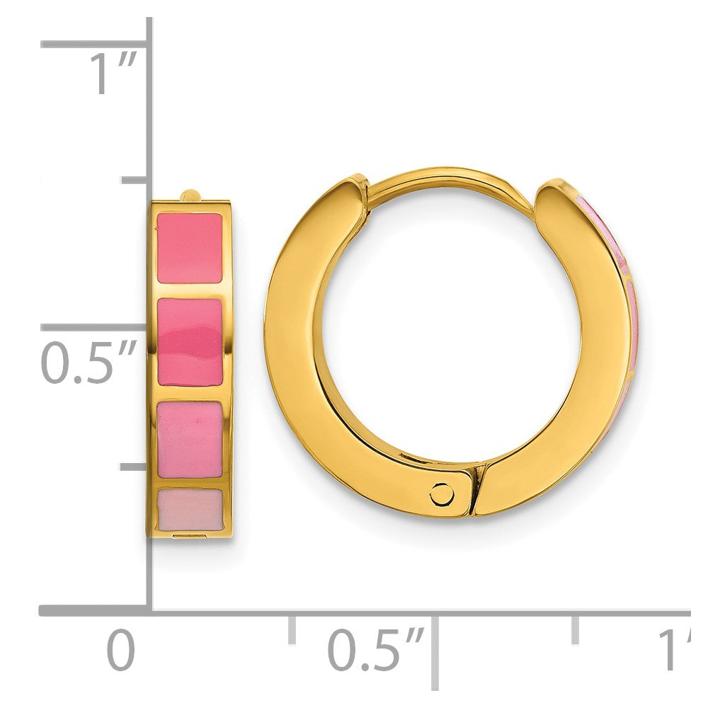 Stainless Steel Polished Yellow IP-plated Pink Enameled Hinged Hoop Earring