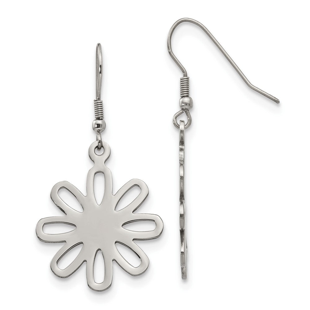 Stainless Steel Polished Large Flower Dangle Shepherd Hook Earrings