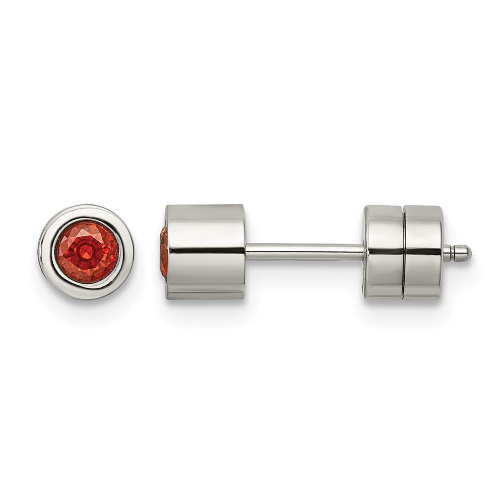 Chisel Stainless Steel Polished Red CZ July Birthstone Post Earrings