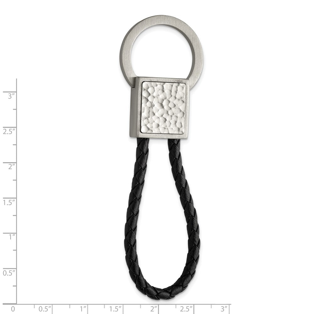 Chisel Stainless Steel Brushed and Hammered Black Leather Key Ring