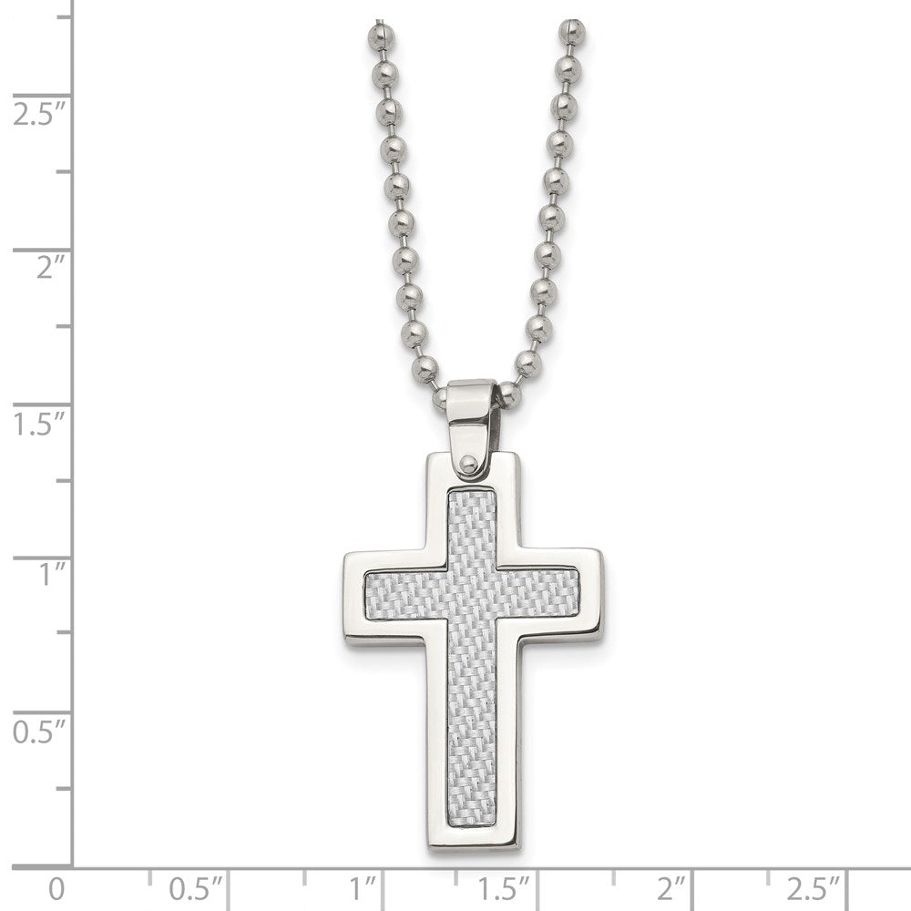 Chisel Stainless Steel Polished with Grey Carbon Fiber Inlay Cross Pendant on a 22 inch Ball Chain Necklace