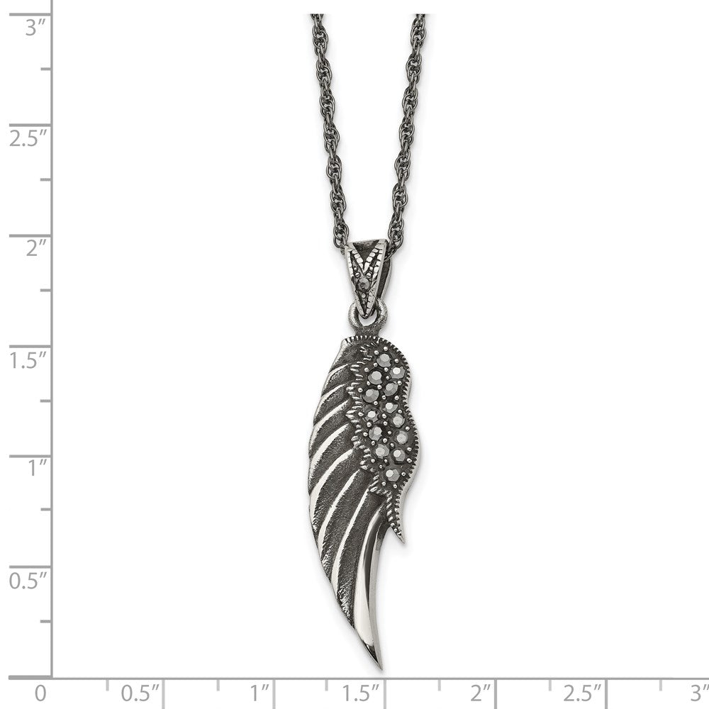 Chisel Stainless Steel Antiqued and Polished with Marcasite Wing Pendant on a 20 inch Singapore Chain Necklace
