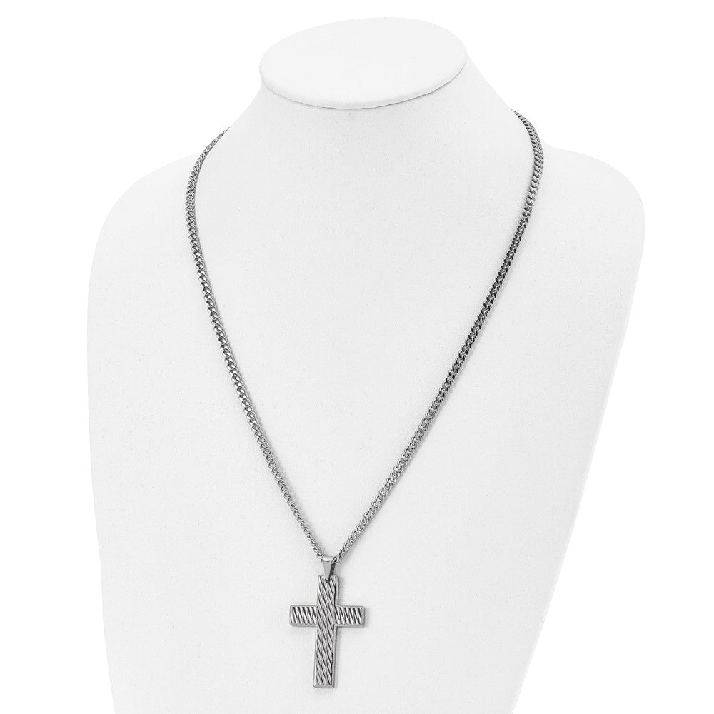 Chisel Stainless Steel Brushed Polished and Textured Cross Pendant on a 24 inch Curb Chain Necklace