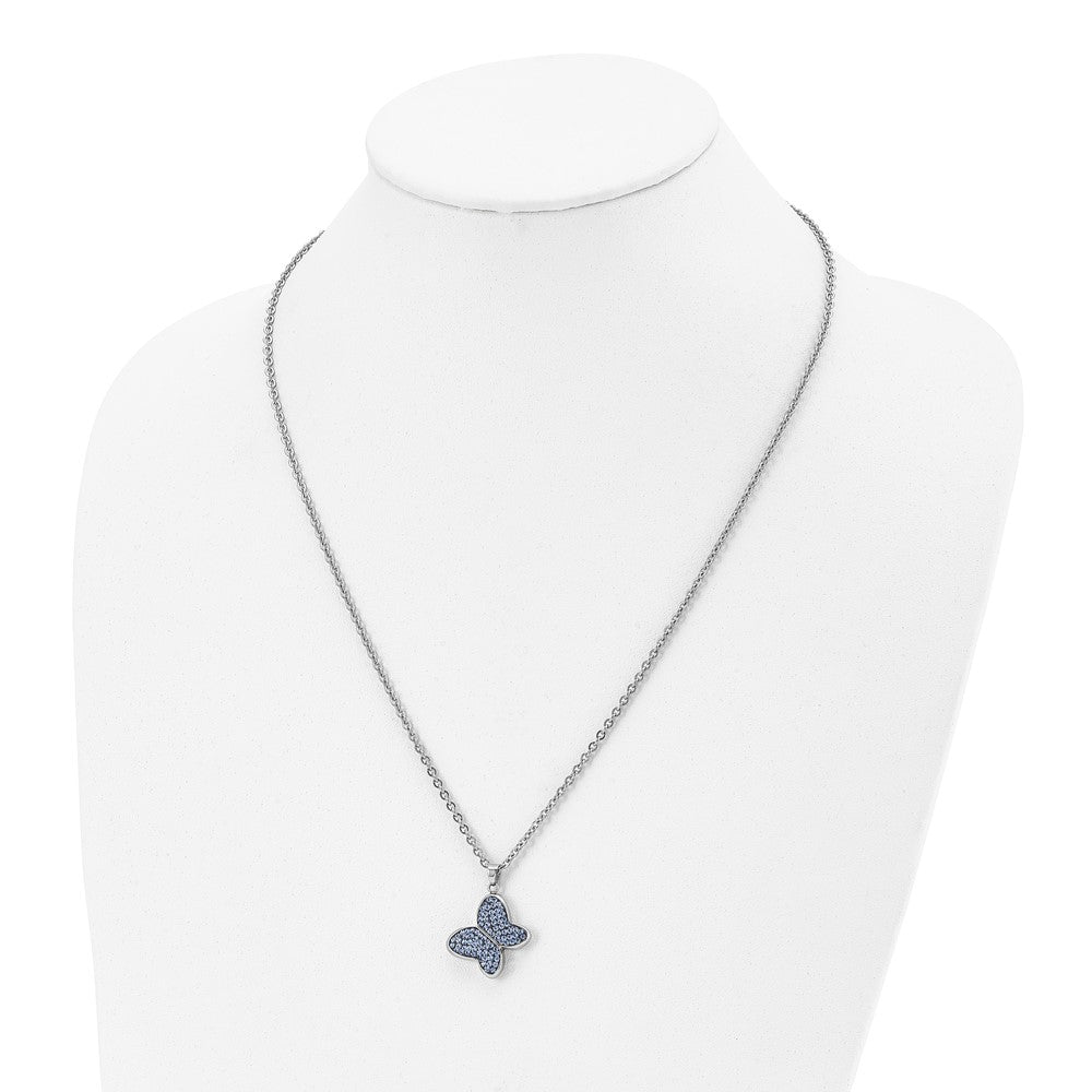 Chisel Stainless Steel Polished Blue Crystal Butterfly Pendant on a 22 inch Cable Chain Necklace