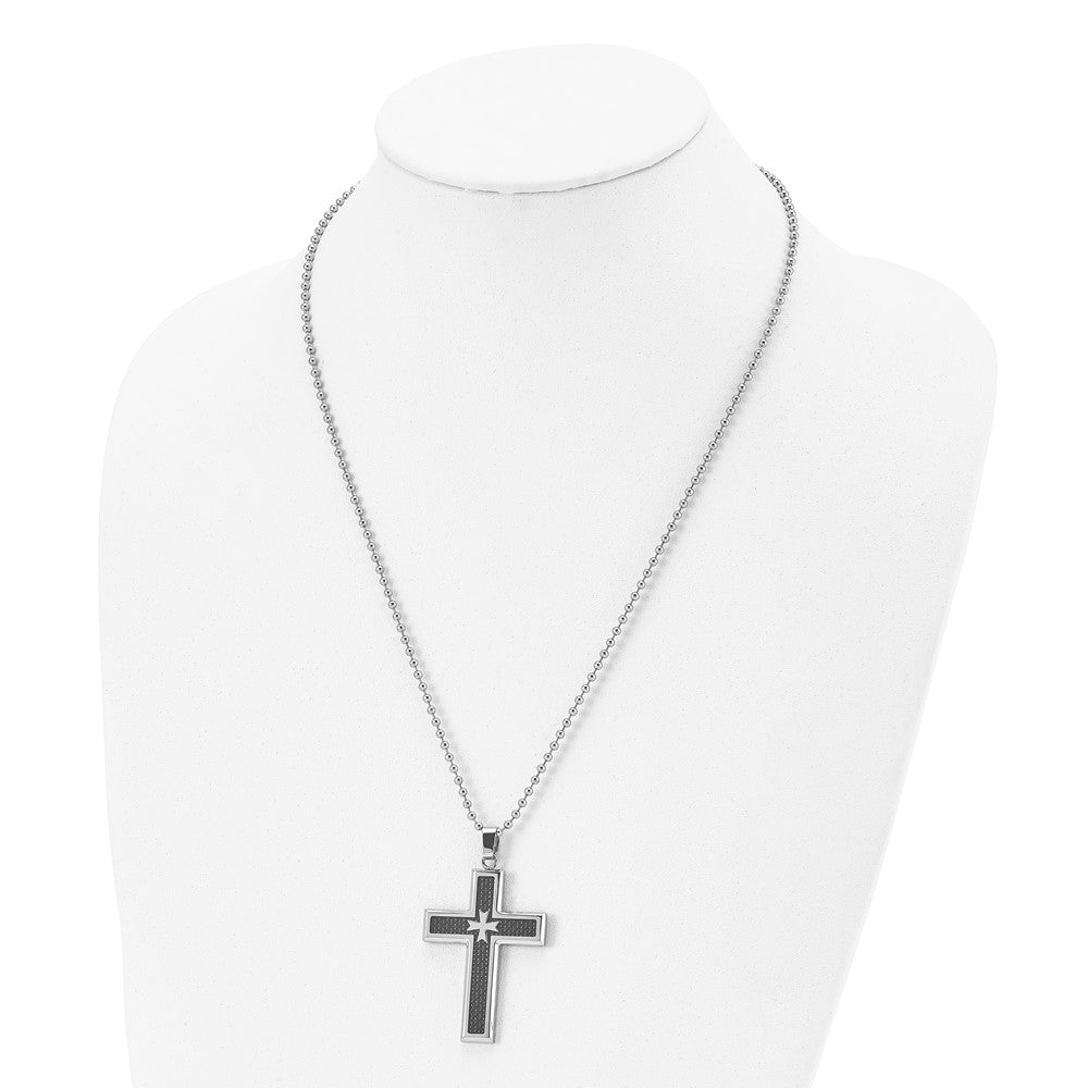 Chisel Stainless Steel Polished with Black Carbon Fiber Inlay Cross Pendant on a 22 inch Ball Chain Necklace