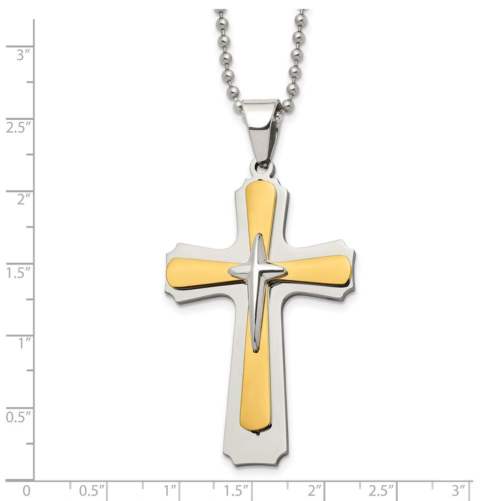 Chisel Stainless Steel Polished Yellow IP-plated Cross Pendant on a 22 inch Ball Chain Necklace