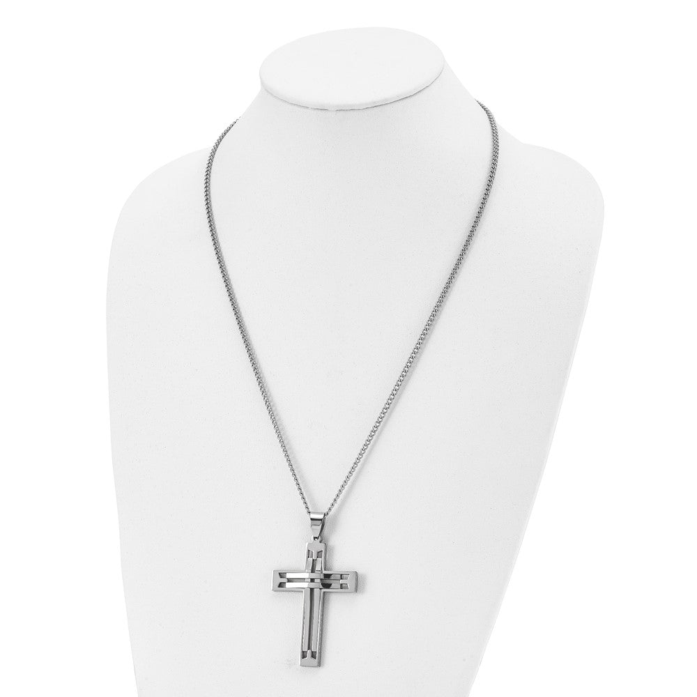 Chisel Stainless Steel Polished Cross Pendant on a 24 inch Curb Chain Necklace