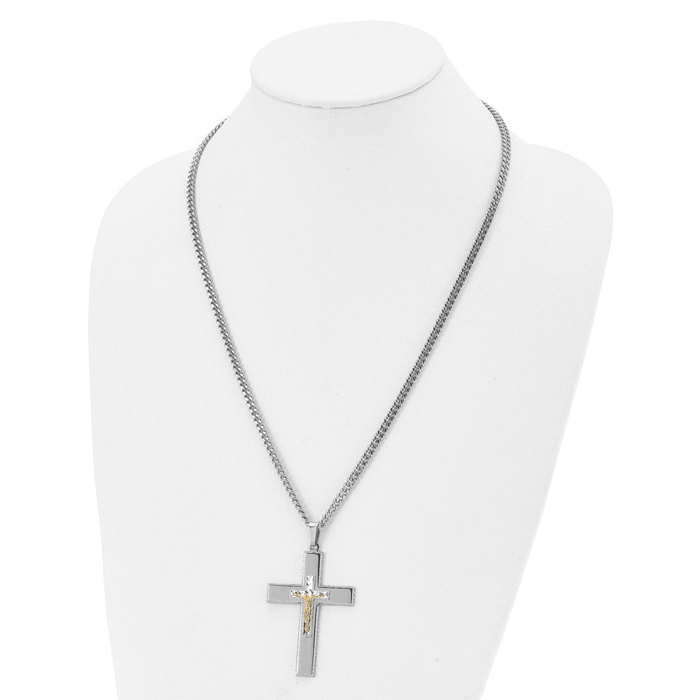 Chisel Stainless Steel Polished Yellow IP-plated Crucifix Pendant on a 24 inch Curb Chain Necklace