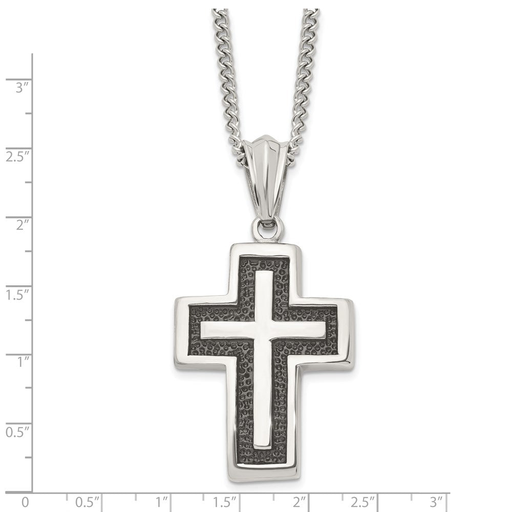 Chisel Stainless Steel Antiqued Polished and Textured Cross Pendant on a 24 inch Curb Chain Necklace