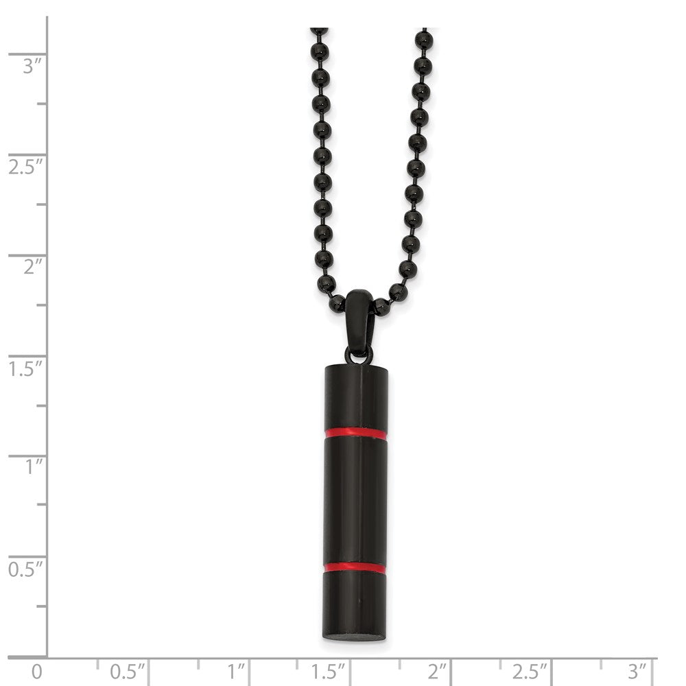 Chisel Stainless Steel Brushed and Polished Black IP-plated with Red Enamel Cylinder on a 22 inch Ball Chain Necklace