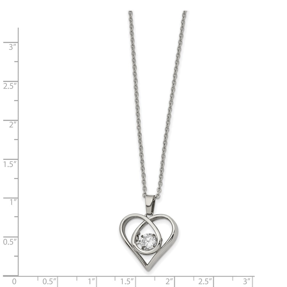 Chisel Stainless Steel Polished Vibrant CZ Heart Pendant on a 16 inch Cable Chain with a 2 inch Extension Necklace