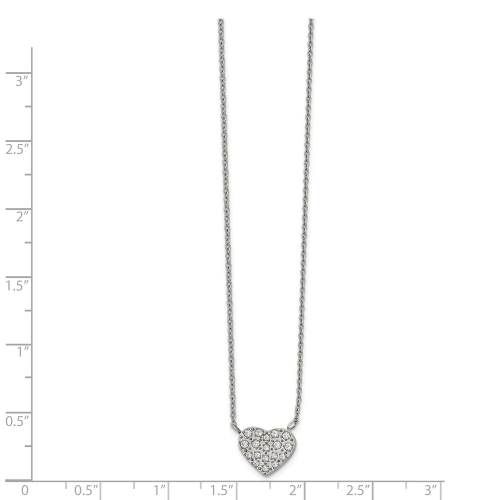 Chisel Stainless Steel Polished CZ Heart on a 17 inch Cable Chain with a 2.5 inch Extension Necklace