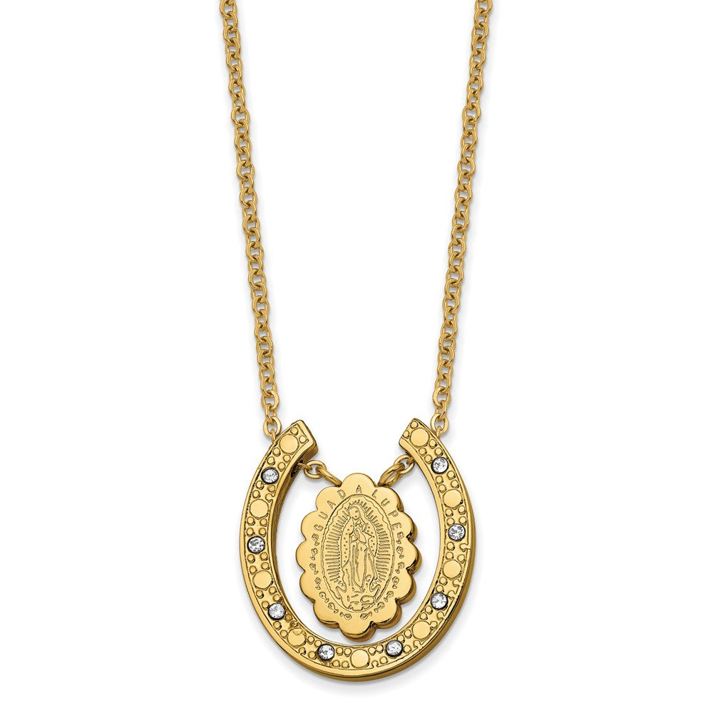 Chisel Stainless Steel Polished Yellow IP-plated with Crystal Our of Guadalupe Horseshoe on a 18 inch Cable Chain Necklace
