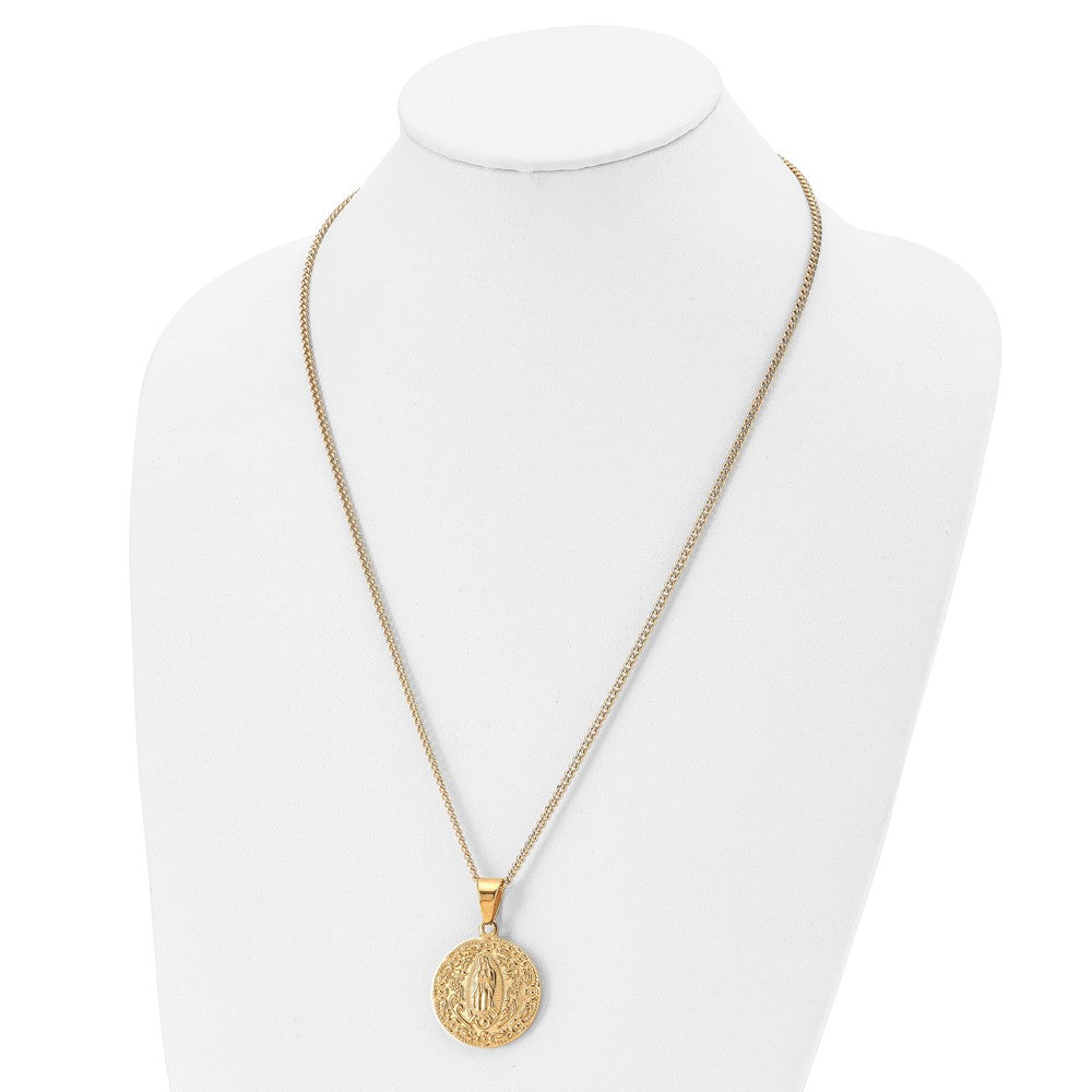 Chisel Stainless Steel Polished and Textured Yellow IP-plated Our of Guadalupe Pendant on a 24 inch Curb Chain Necklace