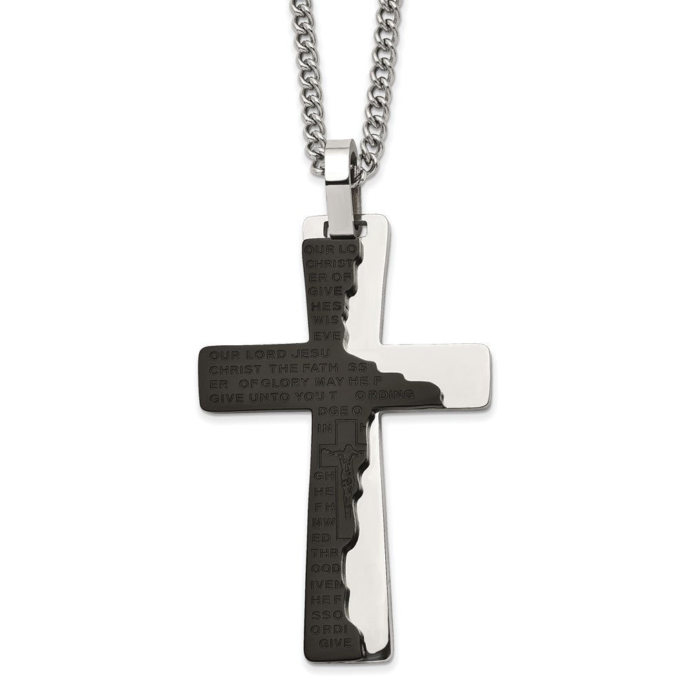 Chisel Stainless Steel Polished Black IP-plated Etched Broken Prayer Cross Pendant on a 24 inch Curb Chain Necklace